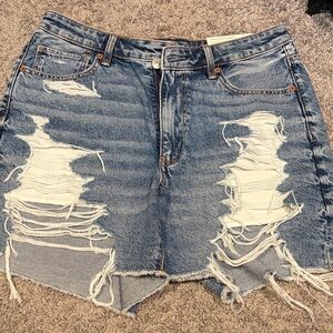 American Eagle Outfitters High Waist Distressed Denim Shorts - Blue